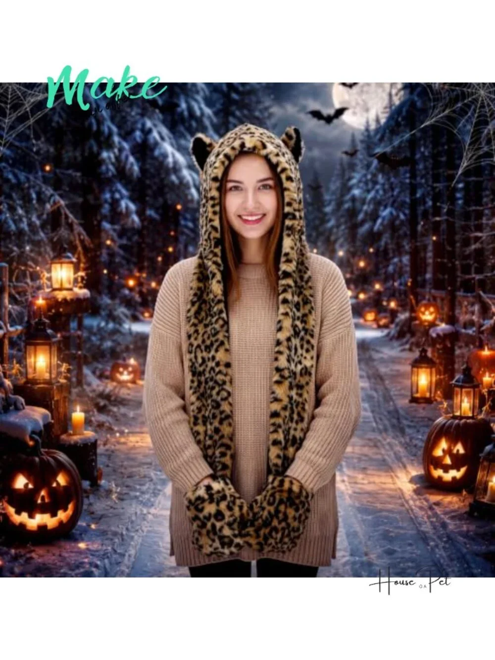 Faux Fur Animal Hood Paw Gloves 3-in-1 Cosplay Halloween Costume